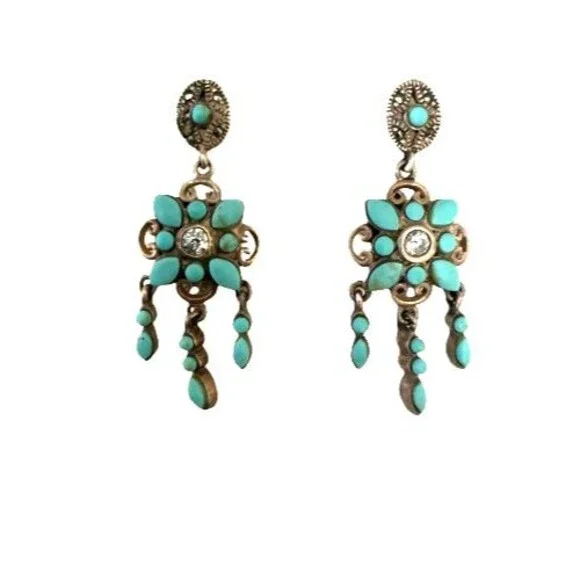 Vintage Turquoise Sterling Silver Southwestern Style Drop Dangle Post Earrings